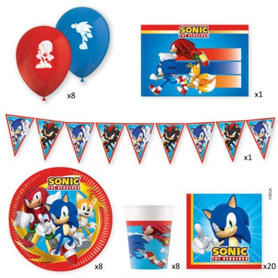Caja Fiesta Sonic (Platos, servilletas, vasos, globos látex, guirnalda y mantel)